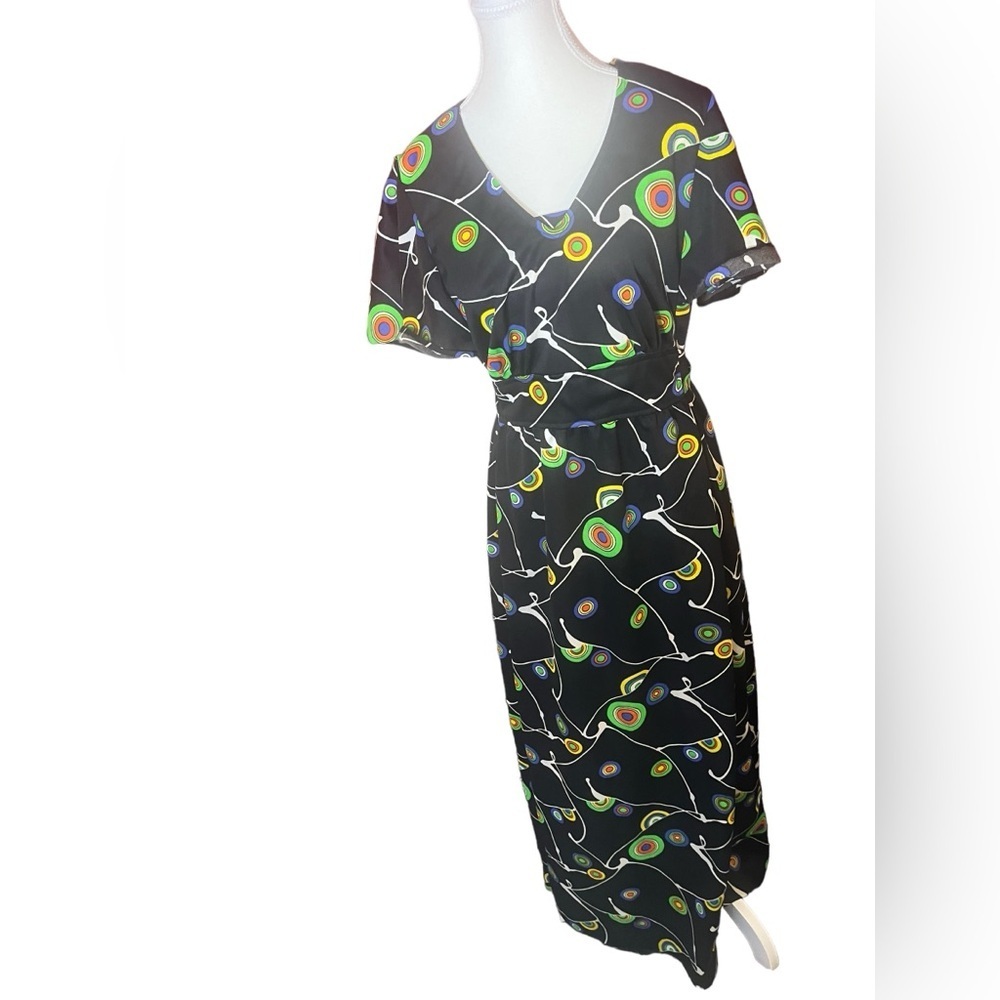 Vintage 70s Psych Pop Abstract Flutter Midi Dress Small